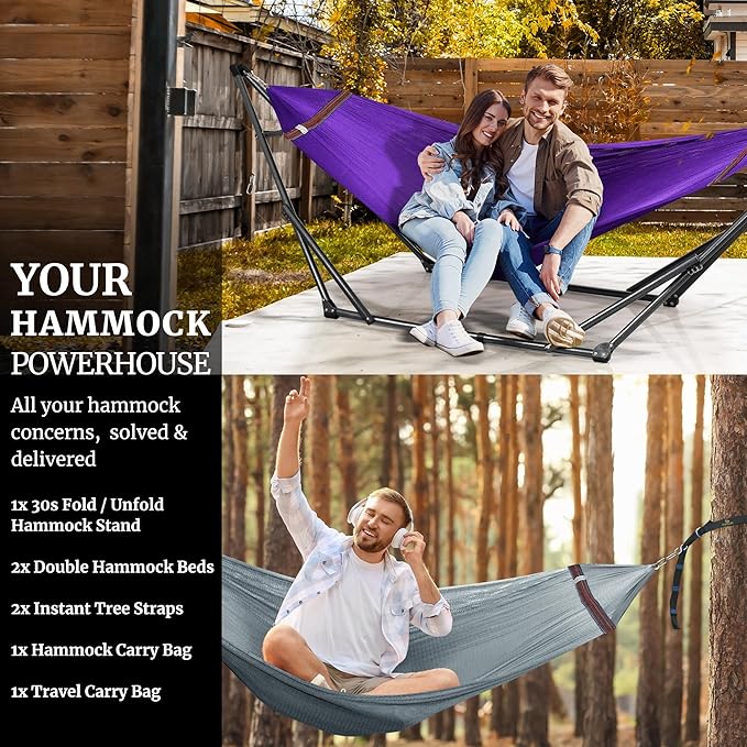 Tranquillo Combo x2 Hammocks with Stand for Outside & Tree Straps, Heavy Duty Hammock with Stand 600lbs for Indoor Outdoor Patio Backyard, x2 Hammocks for 2 Person, Portable Carrying Bags, Purple