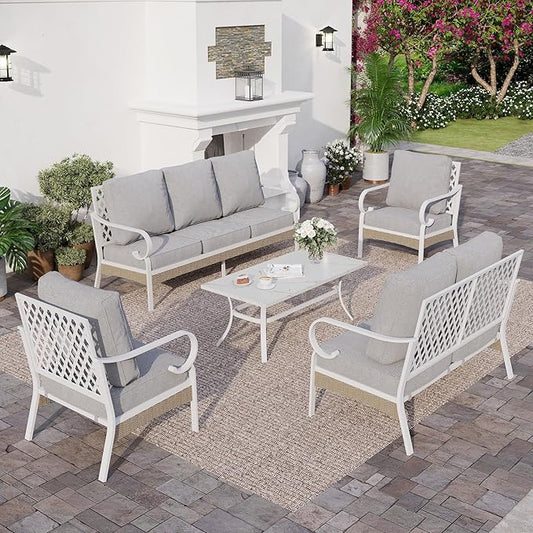 6 Piece Metal Outdoor Patio Furniture Set, Patio Conversation Set with 1 3-Seater Couch, 2 Fixed Sofa with 5.75" Thick Cushion and Coffee Table, White and Gray Backyard Furniture