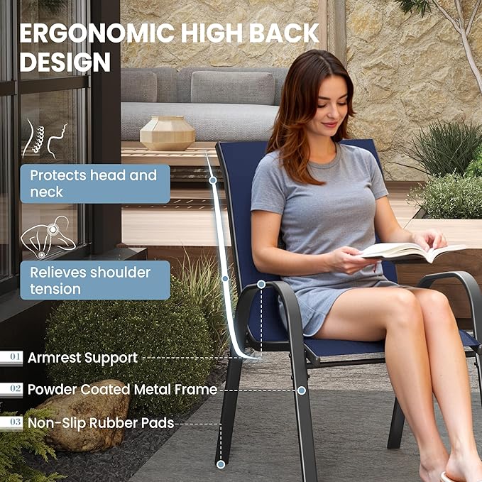 Patio Table and Chairs Set - 3 Piece Outdoor Stackable Dinging Chairs for All Weather,Breathable Garden Furniture for Deck Garden Backyard (Navy Blue)