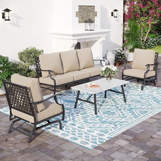 Patio Furniture Set, 4 Piece Modern Metal Outdoor Patio Furniture, 3 Seater Sofa, 2 Rocking Chairs, Coffee Table and 5.75" Extra Thick Cushion, Patio Conversation Set for Deck Backyard