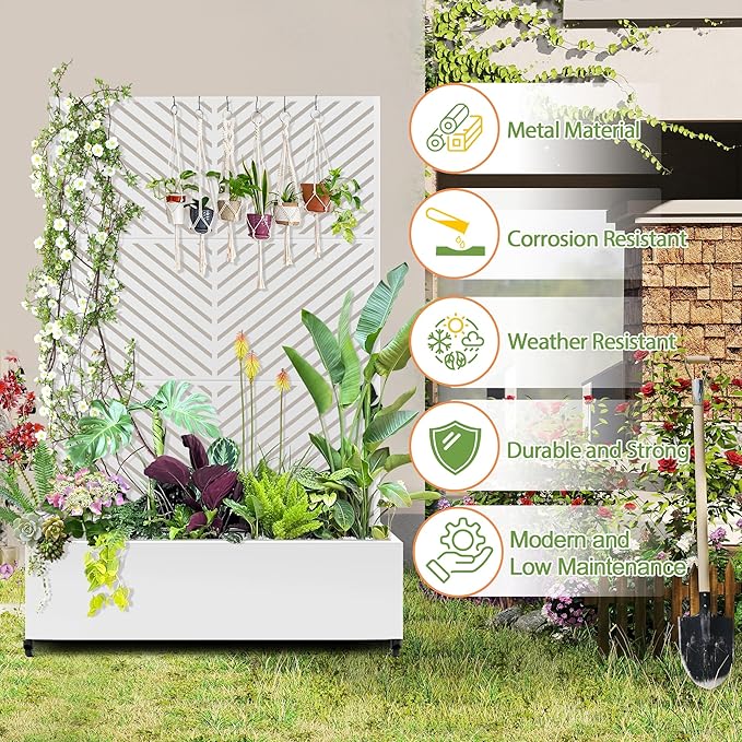 Raised Garden Bed with Trellis and Wheels,73"x47"x16" Metal Raised Garden Bed,White Parallel Metal Planter with Climbing Trellis for Vines & Vegetables
