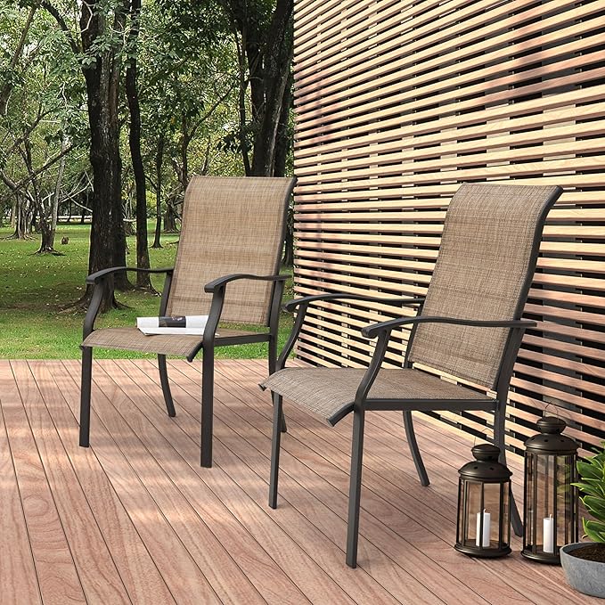 NUU GARDEN Set of 2 Patio Dining Chairs, High Back Textilene Chairs with Armrest for Indoor Outdoor Use, Iron Frame Patio Furniture Chairs for Garden Deck Backyard Kitchen Restaurant, Black and Brown