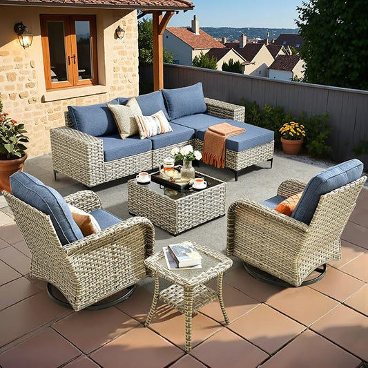 HOOOWOOO Outdoor Sectional Furniture Set,8 Pieces Wicker Patio Conversation Sets,L Shape All Weather Outside Couch Sofa Set with Swivel Rocking Chairs Ottoman,Denim Blue