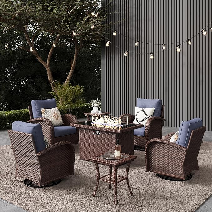 LayinSun 7 Pieces Outdoor Patio Furniture Set with Fire Pit Table, Rattan Wicker Sectional Swivel Rocker Chairs Sets