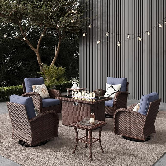 LayinSun 7 Pieces Outdoor Patio Furniture Set with Fire Pit Table, Rattan Wicker Sectional Swivel Rocker Chairs Sets