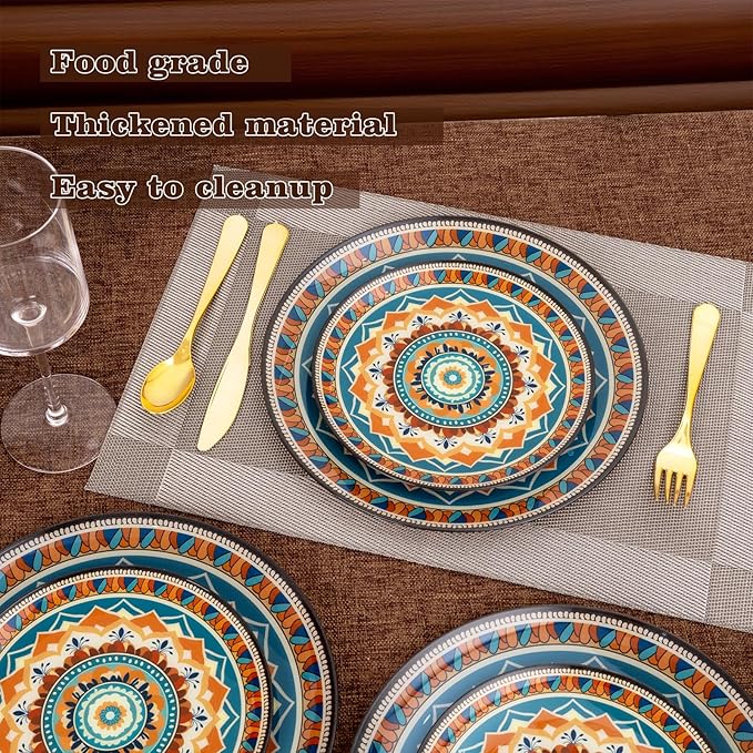 60PCS Bohemian Plastic Plates - Boho Plate Disposable - Vintage Bohemian Style Plate Include 30 Dinner and 30 Dessert Plates for Kitchen Party Decorative