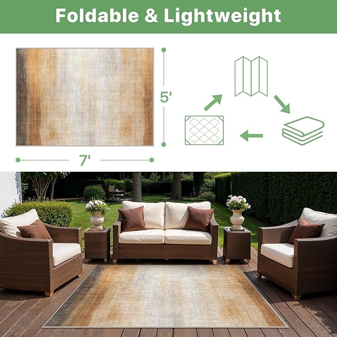 GENIMO Outdoor Rug for Patio Clearance, 5'x7' Reversible Plastic Straw Rugs, Lightweight Waterproof RV Camping Mat for Camper, Balcony, Deck, Backyard, Picnic, BrownBeige