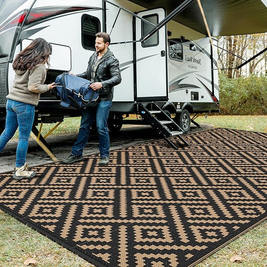GENIMO Outdoor Rug Waterproof, 10' x 20' Reversible Plastic Straw Rugs, Lightweight Large RV Camping Mat for Patio, Deck, Camper, Balcony, Backyard, Picnic, Black & Brown