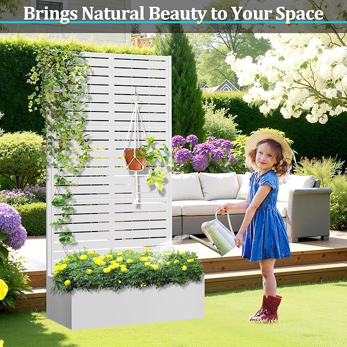 Metal Planter Box with Trellis, Planter Box with Privacy Screen, Privacy Trellis Outdoor for Climbing Plants with Drainage Holes, Raised Garden Bed for Vegetables