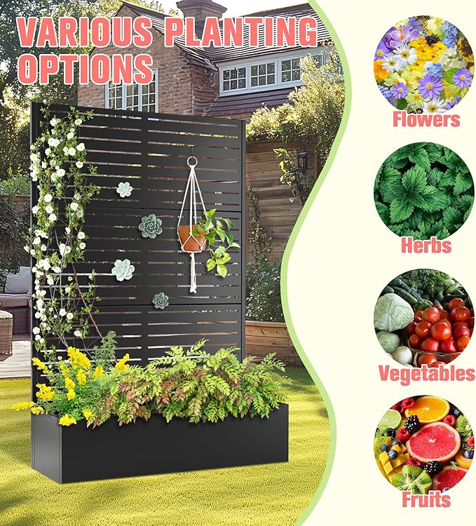 Metal Planter Box with Trellis, Raised Garder Bed with Drainage Hole, Privacy Screen & Trellis for Climbing Plants, Plant Stands, 47''L×17''W×71''H, Black