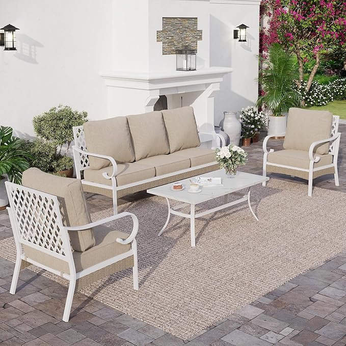 4 Piece Metal Outdoor Patio Furniture Set, Patio Conversation Sets 1 3-seater Sofa, 2 Single Sofa with 5.75" Extra Thick Cushion and Coffee Table, White Frame Backyard Furniture, Beige