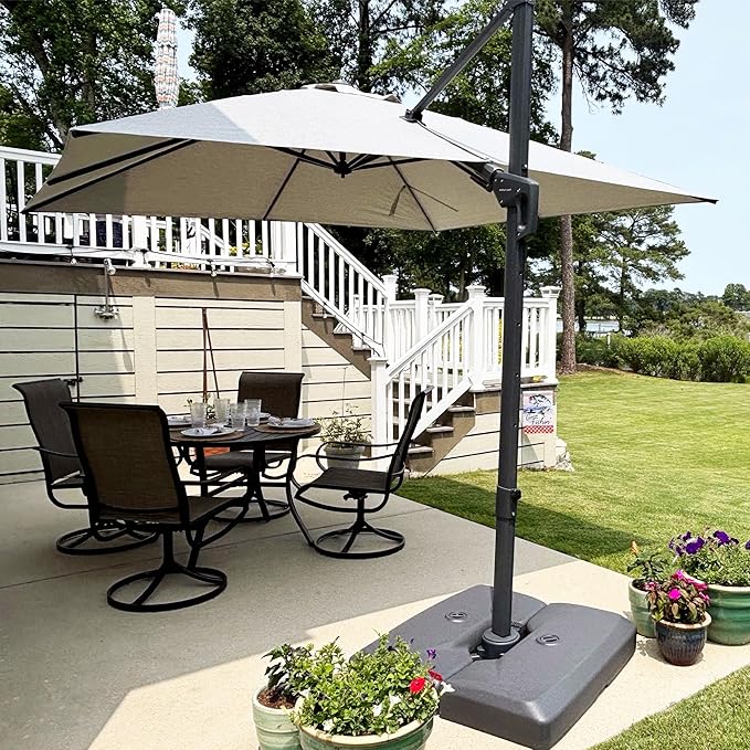 PURPLE LEAF 10' X 10' Swivel Outdoor Patio Aluminum Umbrella with Base Left-right Tilting Cantilever Offset Umbrella with UV Resistant Heavy Duty Fabric for Deck Pool Patio Backyard, Pebble Grey