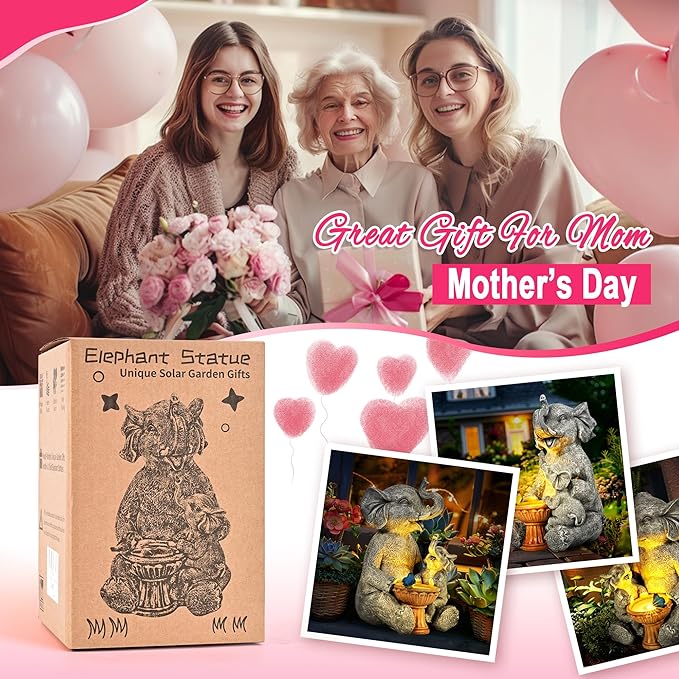 GIGALUMI Solar Garden Decor Bird Bath Elephant Statues Outdoor, Birthday Gifts for Women, Gifts for Mom Grandma Senior Elder, Elephant Ornament for Balcony, Garden, Patio, Yard, Lawn