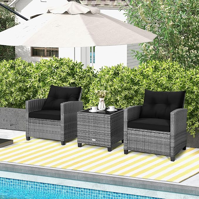HAPPYGRILL 3 Pieces Patio Conversation Set, Outdoor Furniture Set PE Rattan Sofa Set with Removable Cushions, PE Wicker Chairs with Tempered Glass Side Table for Porch Lawn Garden Balcony Backyard