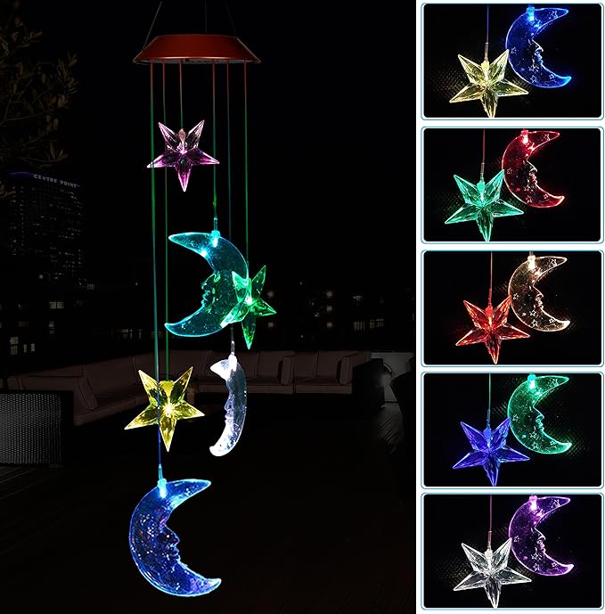 LED Solar Moon and Star Wind Chimes Outdoor - Waterproof Solar Mobile Romantic Changing Color Stars and Moon Wind Chimes Light Decor for Home, Gifts For Mom, Balcony, Festival, Night Garden Decoration