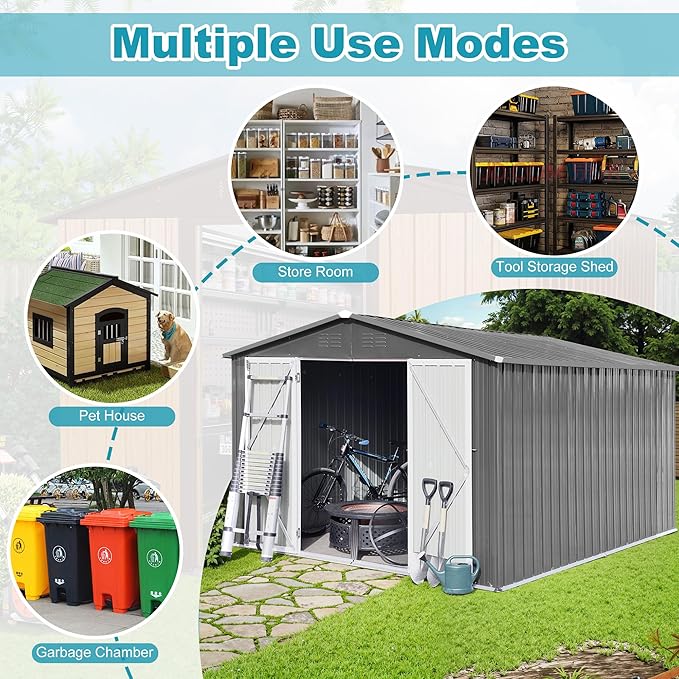 Sheds & Outdoor Storage 12 ft × 10 ft Storage Shed Large Classic Apex Roof Metal Garden Storage Sheds with Hinged Door Tool Cabinet for Backyard, Patio, Poolside, Gray