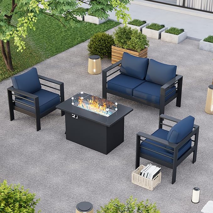 Patio Furniture Set with Fire Pit Table, Aluminum Patio Furniture Set,Grey and Blue Outdoor Metal Sectional Sofa with Aluminum Fire Pit Table for Garden Backyard (Include Waterproof Cover)