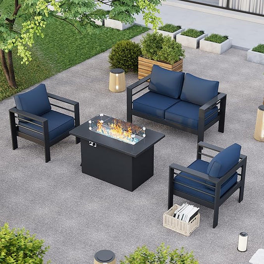 Patio Furniture Set with Fire Pit Table, Aluminum Patio Furniture Set,Grey and Blue Outdoor Metal Sectional Sofa with Aluminum Fire Pit Table for Garden Backyard (Include Waterproof Cover)