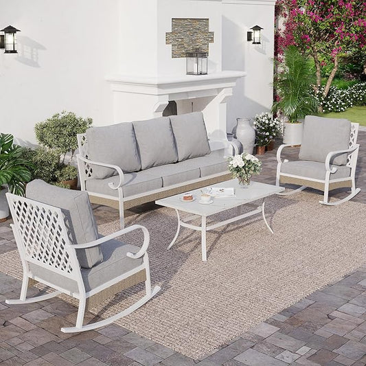 4 PCS Metal Outdoor Patio Furniture Set, Patio Conversation Set 1 3-Seater Sofa, 2 Rocking Chairs with 5.75" Extra Thick Cushion and Coffee Table, White Frame Backyard Furniture, Gray