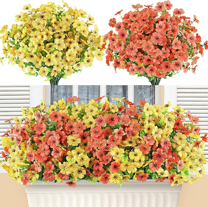 AmyHomie 16 Bundles Artificial Flowers for Outdoor Outside Summer Fall Decoration UV Resistant Faux Flowers No Fade Fake Plastic Plants Fake Mums Garden Porch Window Box Decorating