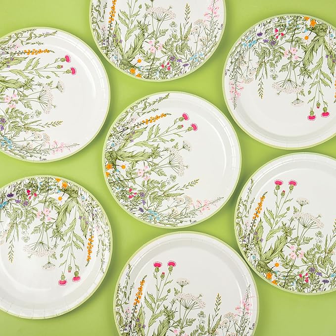 Wildflower Party Plates 9" Floral Paper Plates Botanical Green Leaves Herbs Disposable Party Supplies Spring Summer Vintage Garden Decorative Dinner Plates (48, Vintage Botanical)