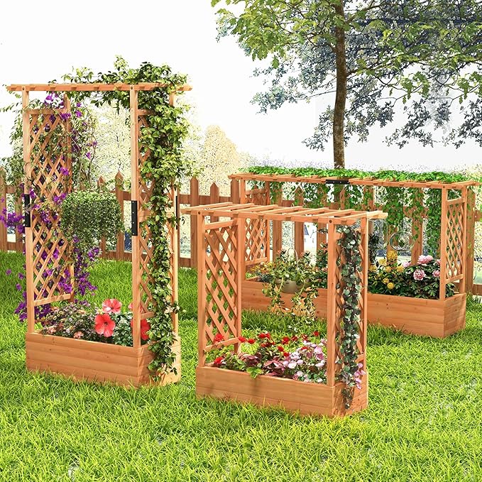 S AFSTAR 45-Inch Raised Garden Bed with Arch Trellis, Hanging Roof, Planter Box, Drainage Holes, Vertical Plant Container for Vine Climbing Plant Flower, Flower Bed Wood Planter for Indoor & Outdoor