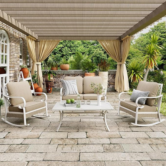 4 Piece Patio Furniture Set, 2 x Rocking Chair, 1 x 2-Seat Sofa with Marbling Coffee Table, All Cushioned 4 Seats Outdoor Conversation Set for Lawn Garden Backyard, Beige