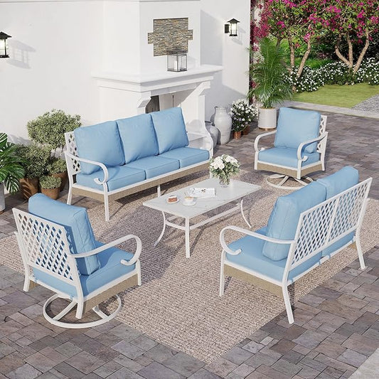 6 Piece Metal Outdoor Patio Furniture Set, Patio Conversations Sets 3-Seater Sofa, 2-Seater Sofa, 2 Swivel Chair with 5.75" Thick Cushion & Coffee Table White Backyard Furniture, Blue