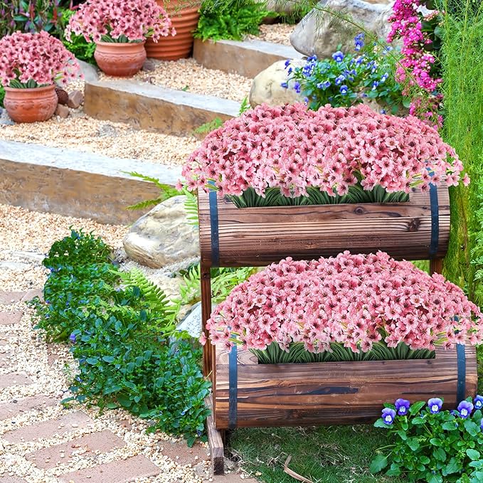 22Bunches of Outdoor Artificial Flowers, UV Resistant Fake Flowers Artificial Silk Flowers with Plastic Plants for Indoor Outdoor Front Porch Hanging Planter Decoration (22 Pink)