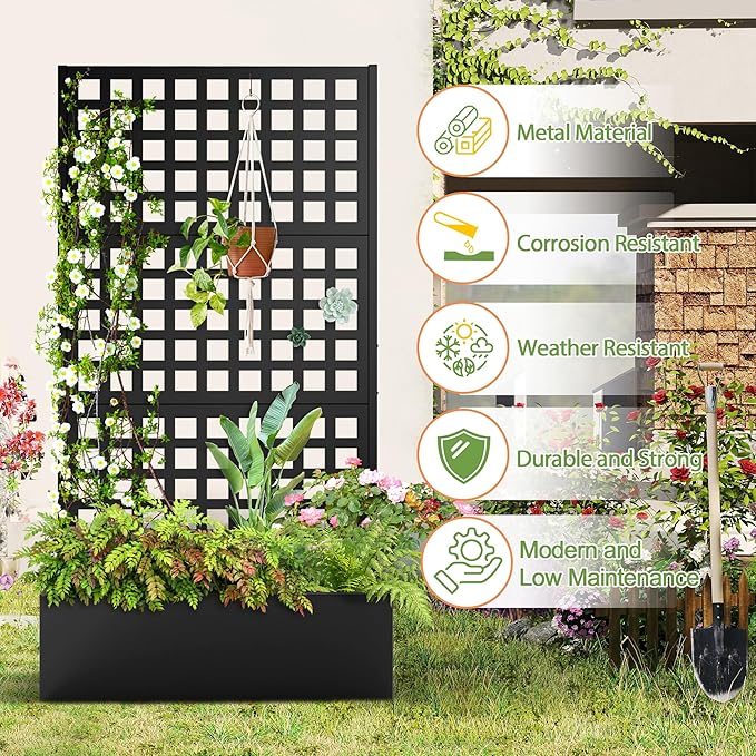 Metal Raised Garden Bed, Trellis Planters Bed with Drainage Holes for Climbing Plants, Vegetables Outdoor Privacy Screen with Planter Box 73"x35"x16", Black