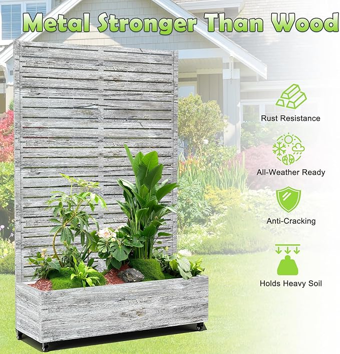 15.7"×70.9"×47.2" Metal Raised Garden Bed with Trellis and Wheels - Tall Trellis Planter Box for Climbing Plants, Vegetables & Vines - Outdoor Privacy Planters for Patio (White Oak Grain)