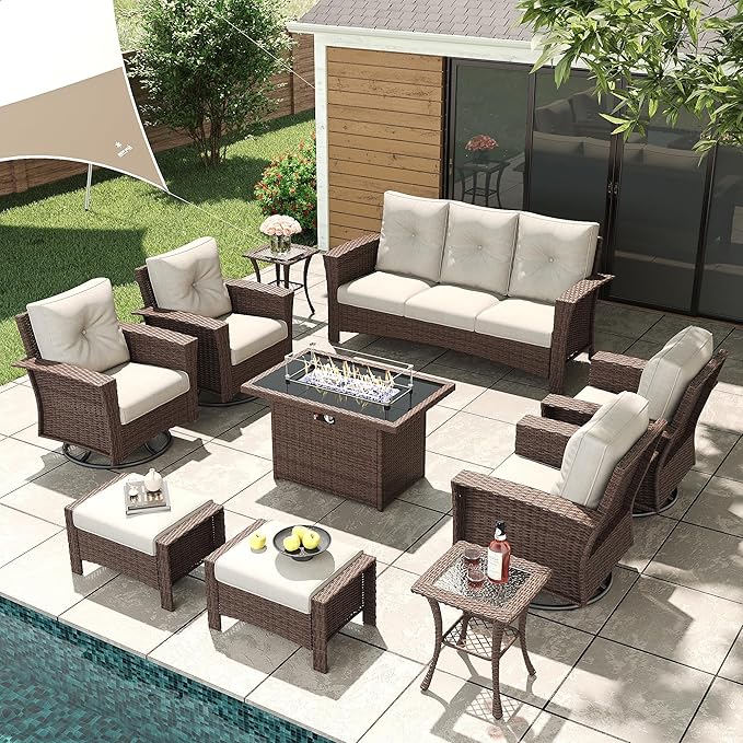 LayinSun 10 Piece Wicker Patio Furniture Set with Fire Pit Table, Classis Outdoor Conversation 360 Degree Swivel Chairs Set with Coffee Table