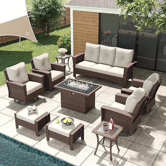 LayinSun 10 Piece Wicker Patio Furniture Set with Fire Pit Table, Classis Outdoor Conversation 360 Degree Swivel Chairs Set with Coffee Table