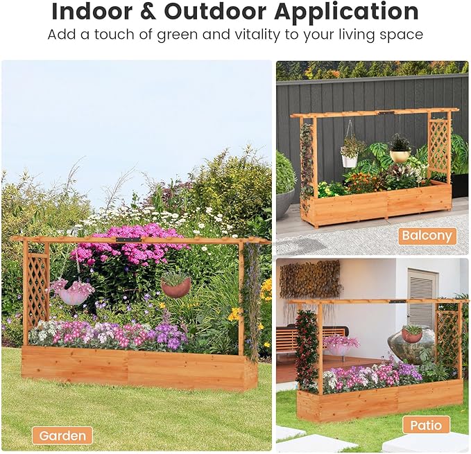 S AFSTAR 45-Inch Raised Garden Bed with Arch Trellis, Hanging Roof, Planter Box, Drainage Holes, Vertical Plant Container for Vine Climbing Plant Flower, Standing Wood Planter for Garden Patio Yard