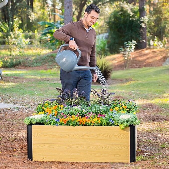 Woodgrain Series Raised Garden Bed, 4' x 4' Outdoor Wooden-Look Metal Planter Box for Gardening Vegetables Flowers Herbs