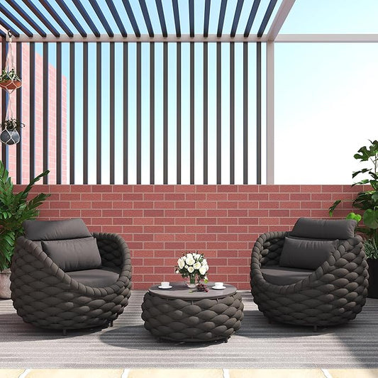 TWT 3 Pieces Aluminum Patio Furniture Set, Hand Woven Polyester Rope Modern Outdoor Set w/Washable Cushion Conversation Sofa Set Apartment Furniture for Poolside Balcony (Dark Grey)