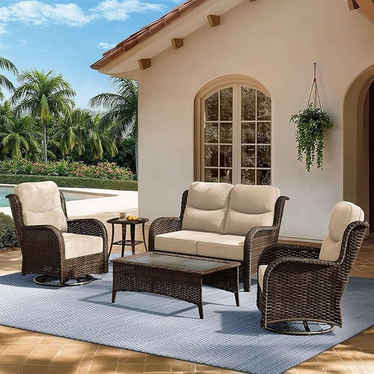 HILLGA Luxury Patio Furniture Set with 6-Inch Thick Cushions, High Back Outdoor Swivel Rocker Chairs and Patio Loveseat, 5-Piece All Weather Conversation Set for Porch Deck Pool Yard, Beige (V3)
