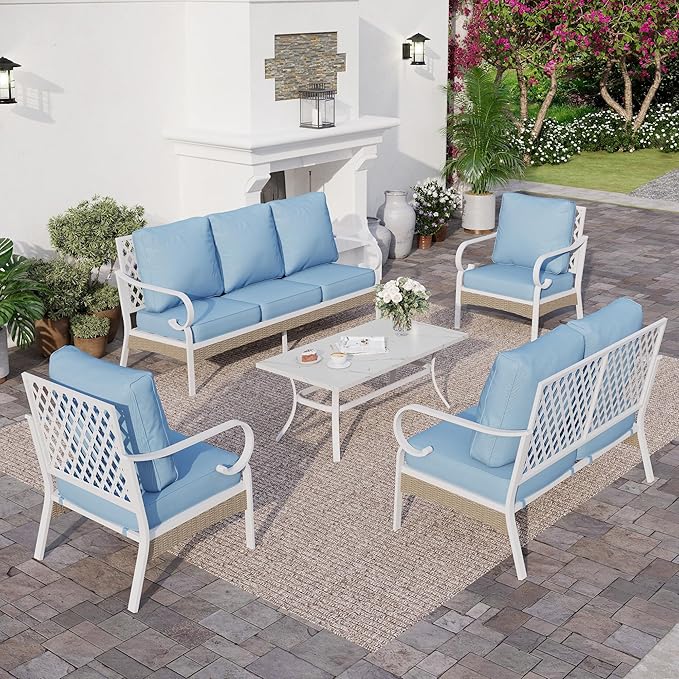 6 Piece Metal Outdoor Patio Furniture Set, Patio Conversation Sets 3-Seater Sofa, 2 Fixed Chair, 2 Swivel Chair with 5.75" Thick Cushion & Coffee Table White Backyard Furniture, Blue