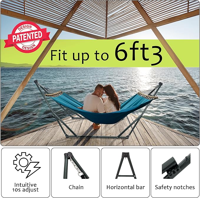 Tranquillo Hammock with Stand Heavy-Duty, Hammock Quick Fold Unfold, Steel Frame Hammock Canvas, Portable Hammock Stand Spreader Bar, 600 lbs Capacity Portable Relaxation Gear, Blue