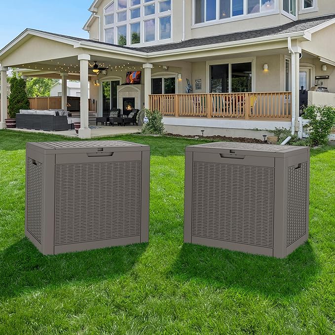 NUNU LAB 32 Gallon Resin Deck Box 2 Pack Outdoor Indoor Waterproof Storage Box for Patio Cushions, Garden Tools, Pool Accessories,Backyard Storage Bin,Grey