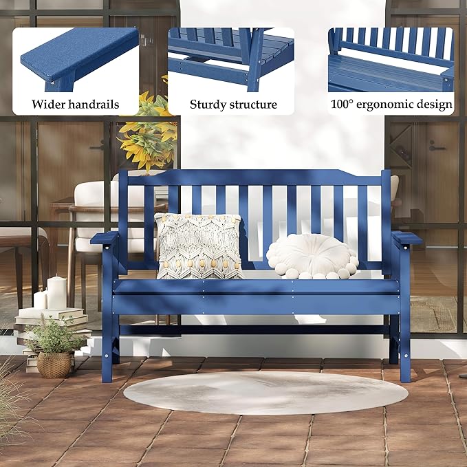 HDPE Outdoor 2-Person Bench, All-Weather Garden Bench with 700 lbs Weight Capacity, Patio Benches for Porch/Backyard/Park, Navy Blue