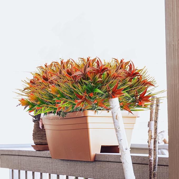 Uieke 6Pcs Outdoor Artificial Plants UV Resistant, Fake Morning Glory Flowers with Orange Grass, Tropical Flowers Fall Leaves Foliage for Garden Patio Sidewalk Décor Red