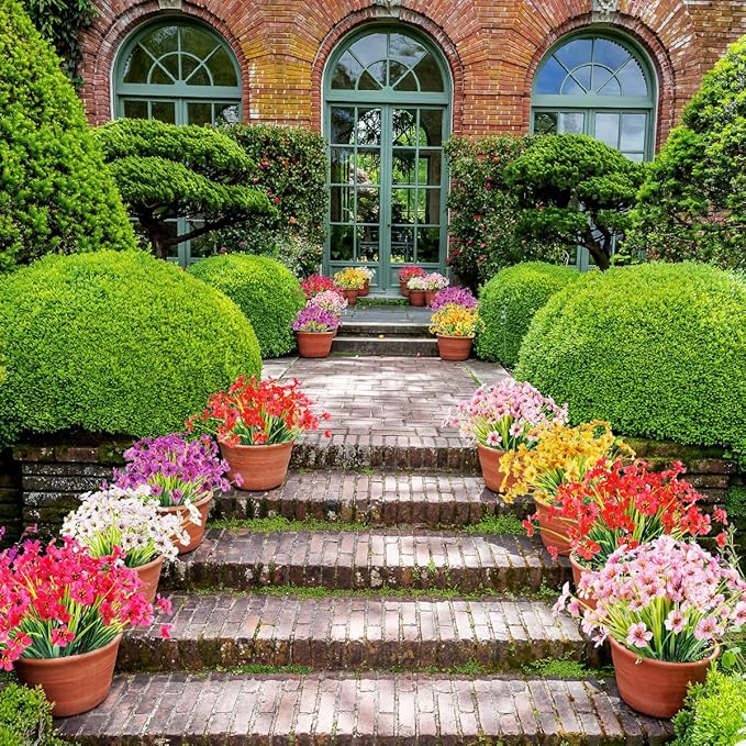 12 Bundles Artificial Flowers Outdoor UV Resistant Fake Flowers No Fade Faux Plants Garden Porch Window Box Decorating (Deep Red)