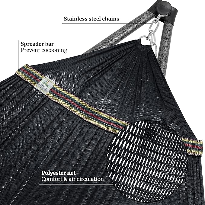 Tranquillo Universal Hammock with Stands Electro Static Coated Steel, Adjustable Foldable Hammock Stand with 2 Layered Polyester Net and Carry Bag for 2 Persons (Combo - Black)