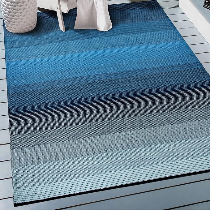 Rugshop Stripe Shade Reversible Crease-Free Waterproof Premium Recycled Plastic Outdoor Rugs for Patio,Backyard,RV,Deck,Picnic,Trailer,Beach,Camping,Sunroom Sky/Blue 3' x 5'