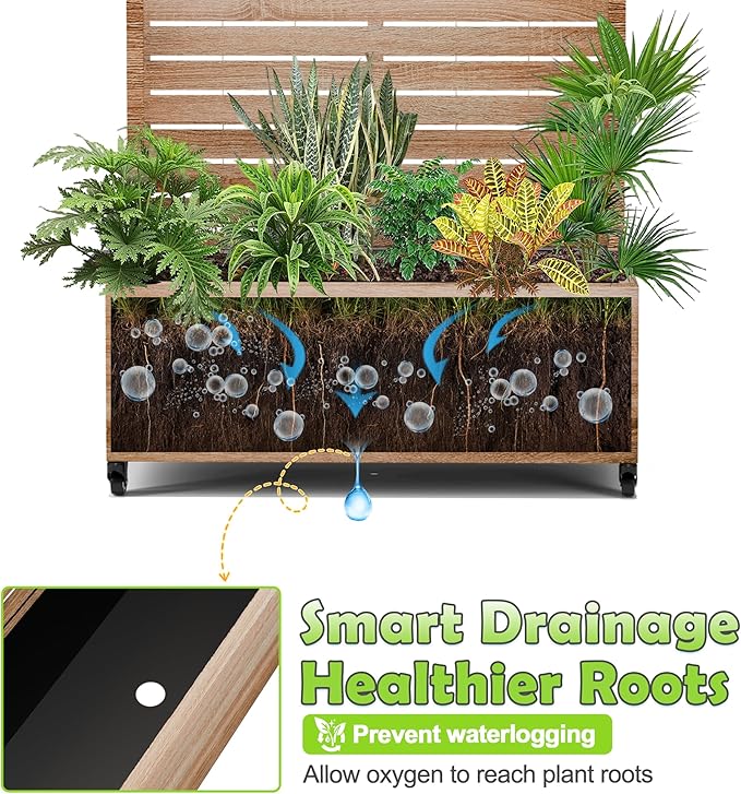 15.7"×70.9"×35.4" Metal Raised Garden Bed with Trellis and Wheels - Tall Trellis Planter Box for Climbing Plants, Vegetables & Vines - Outdoor Privacy Planters for Patio (Cut Oak Grain)