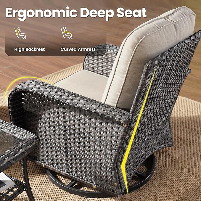 ovios 5 Pieces Patio Furniture Set, Outdoor Wicker Sofa with Swivel Chairs, Coffee Table, All Weather High Back Rattan Loveseat Couch with Comfy Cushions, Beige