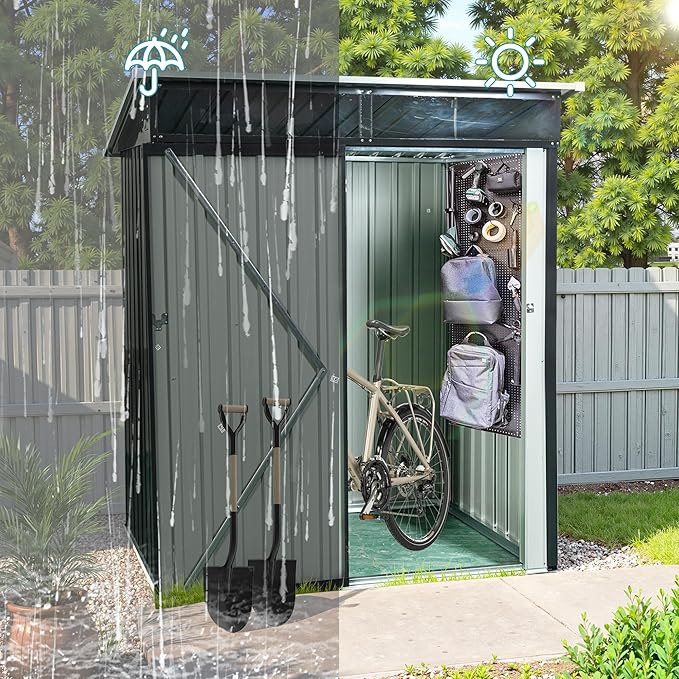 Sheds & Outdoor Storage 5ft x 3ft Metal Storage Shed with Transparent Plate, Hinged Door Design Small Garden Tool Storage Cabinet for Backyard, Patio, Poolside, Black