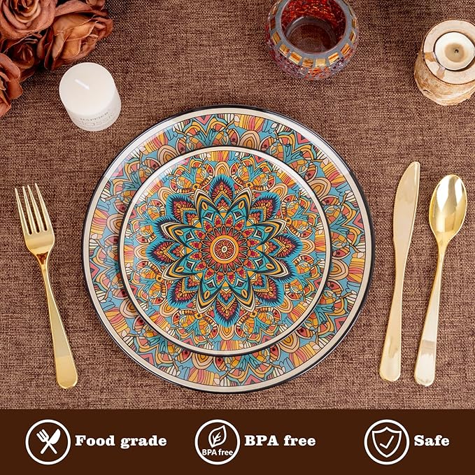 60PCS Bohemian Plastic Plates - Boho Plate Disposable - Vintage Bohemian Style Plate Include 30 Dinner and 30 Dessert Plates for Kitchen Party Decorative