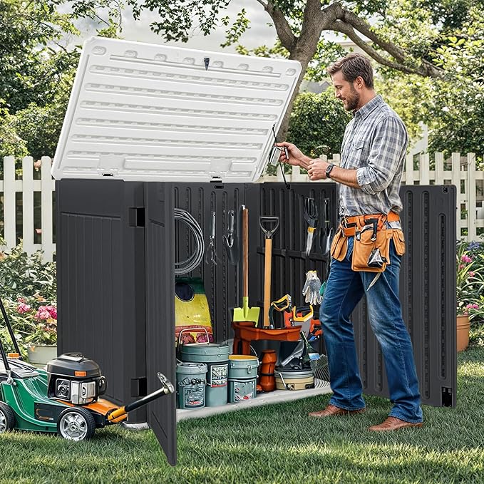 DWVO 47 cu ft Spacious Horizontal Storage Unit, Outdoor Resin Tool Locker Without Shelf, Waterproof Lockable Container with Base for Gardening, Waste Bins, Grass Cutter, 4.5x2.8x3.9 ft, Dark Gray